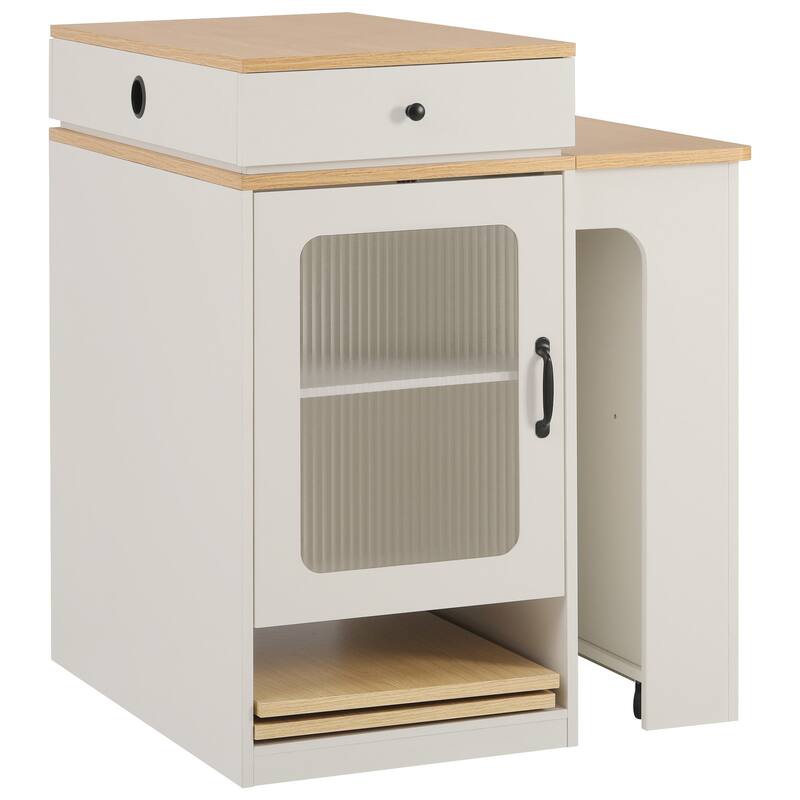 Kitchen Island with Extendable Dining Table, Kitchen Storage Table with 2 Drawers, Power Outlet, Open Shelves, for Diningroom