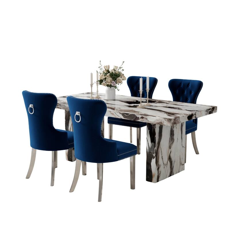 Roundhill Furniture Cavira 5-Piece Modern Faux Marble Dining Set