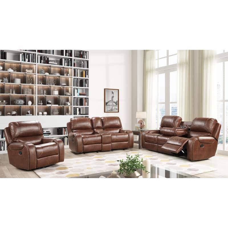 Roundhill Furniture Achern Faux Leather-Air Nailhead Manual Reclining 3-Piece Sofa Set - Brown - 3 Piece