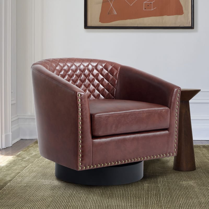 Tufted PU Vegan Leather Swivel Barrel Chair with Nailheads Trim