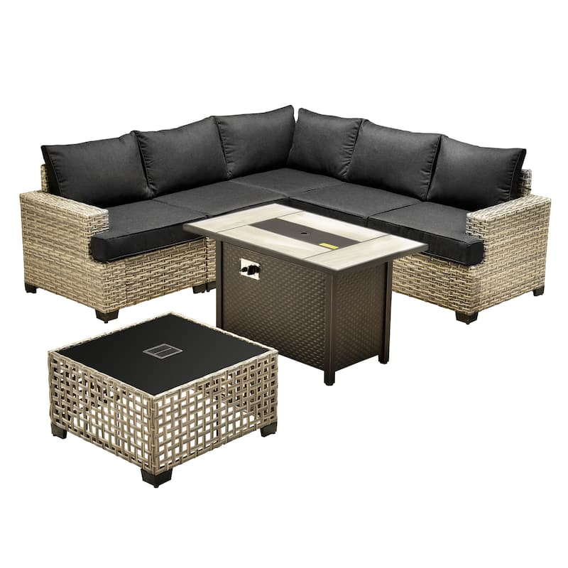 XIZZI 7 Pieces Patio Furniture Wicker Sectional Sofa Set with Fire Pit Table