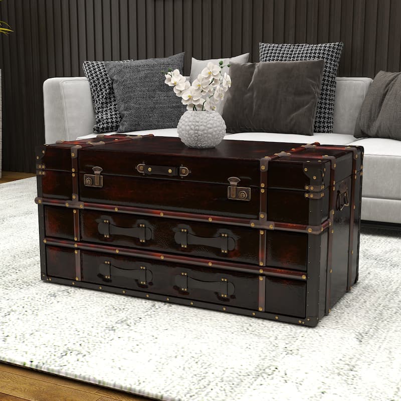 Brown Faux Leather Vintage Faux Leather 2 Drawer Living Room Coffee Table with Buckle Hinged Top