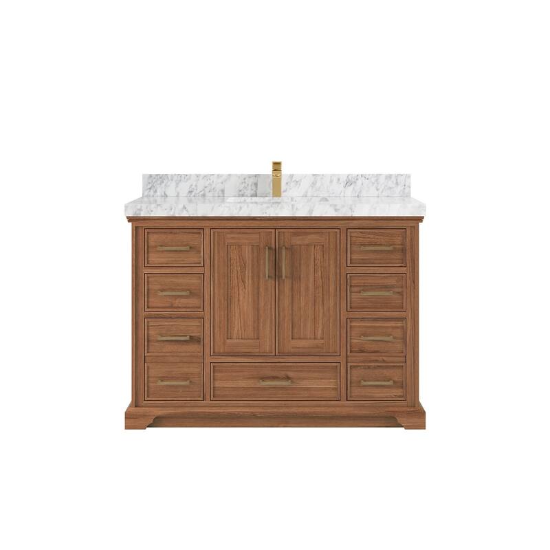 Willow Collections 48 in. W x 22 in. D Charlotte Teak Single Sink Bathroom Solid Teak Vanity with Countertop - 2”Carrara Marble - Dark Natural