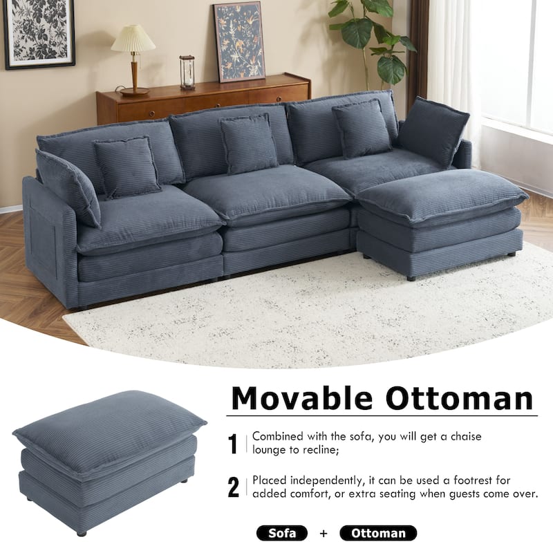 L-Shaped Sofa Chenille Convertible Lounge Chaise with Ottoman - Blue