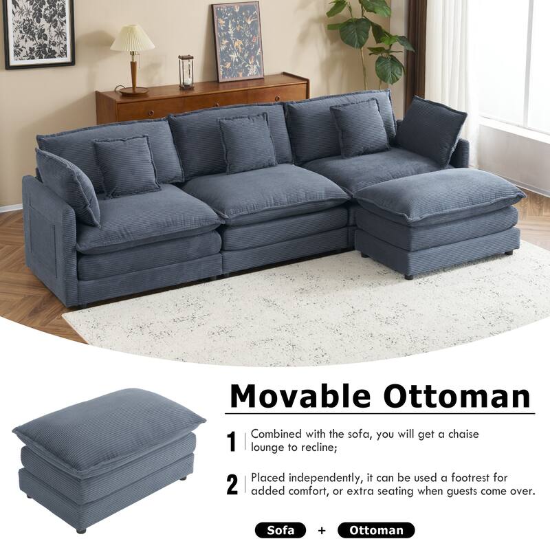 Sectional Sofa with Movable Ottoman Corduroy L-Shaped Upholstered Deep Seat Couch with Lumbar Pillows and Side Pockets