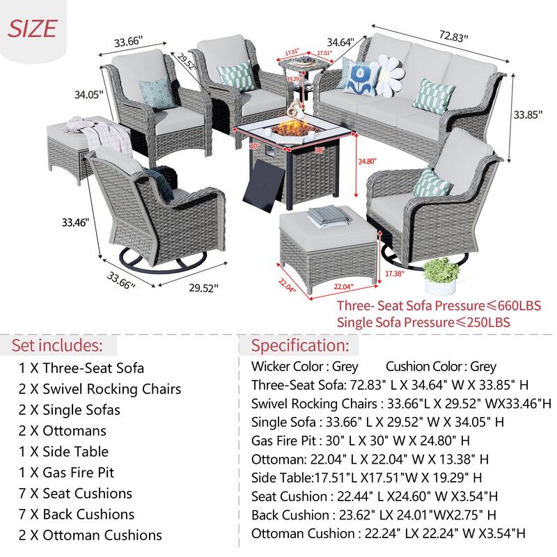 OVIOS 9-piece Patio Wicker Swivel Chair Set With 30" Fire Pit
