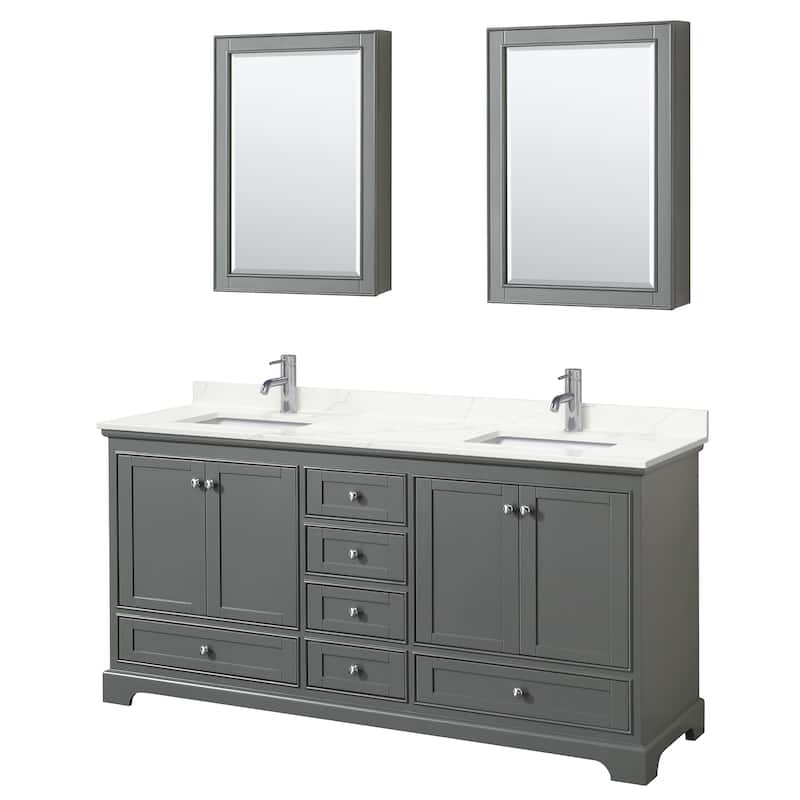 Deborah 72-inch Double Vanity, Quartz Top, Medicine Cabinets - Dark Gray, Chrome Trim, Giotto Quartz Top