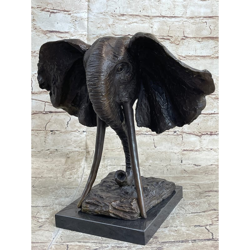 Imitative Elephant Head Bronze Metal Bust Statue Sculpture Figure Decor Signed Original Art Marble Base