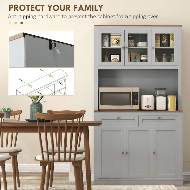 HOMCOM 71" Tall Kitchen Pantry Storage Cabinet with Microwave Stand, Adjustable Shelves and Glass Doors for Kitchen, White