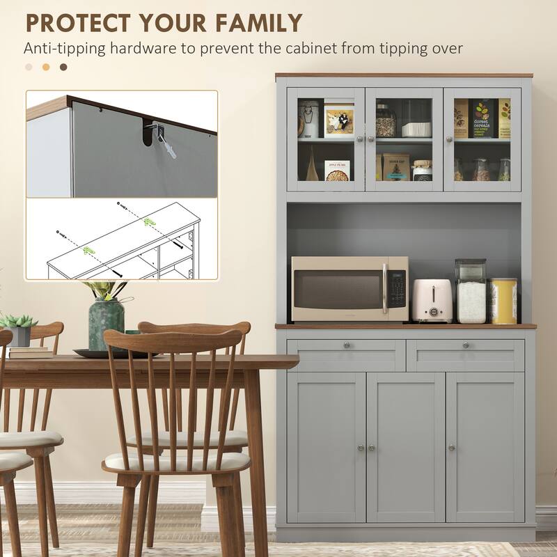 Tall Adjustable Shelves Kitchen Pantry Cabinet with Glass Doors and 8 Compartments 2 Drawers - 39.4" W x 15.7" D x 70.9" H