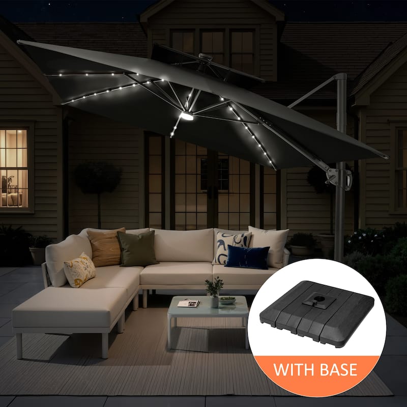12 x 9 FT Outdoor Patio Aluminum Cantilever Umbrella with Solar Lights Double Canopy with Base - Black