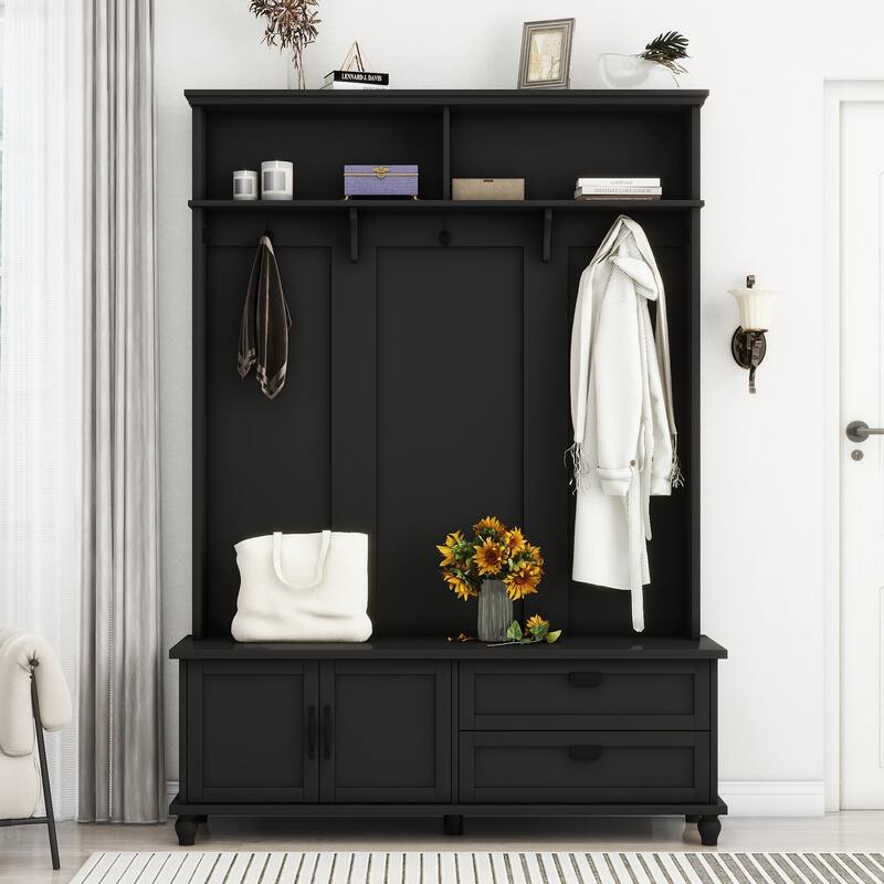 Modern Hall Tree Cabinet Coat Rack with Bench & Double-Side Hooks, Storage Cabinet with Drawers - Black