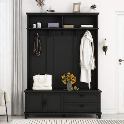 Modern Hall Tree Cabinet Coat Rack with Bench & Double-Side Hooks, Storage Cabinet with Drawers