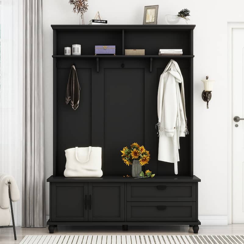 Roomfitters Widen Mudroom Hall Tree with Storage Bench, Modern Entryway Cabinet with 2 Large Compartments and 5 Coat Hooks