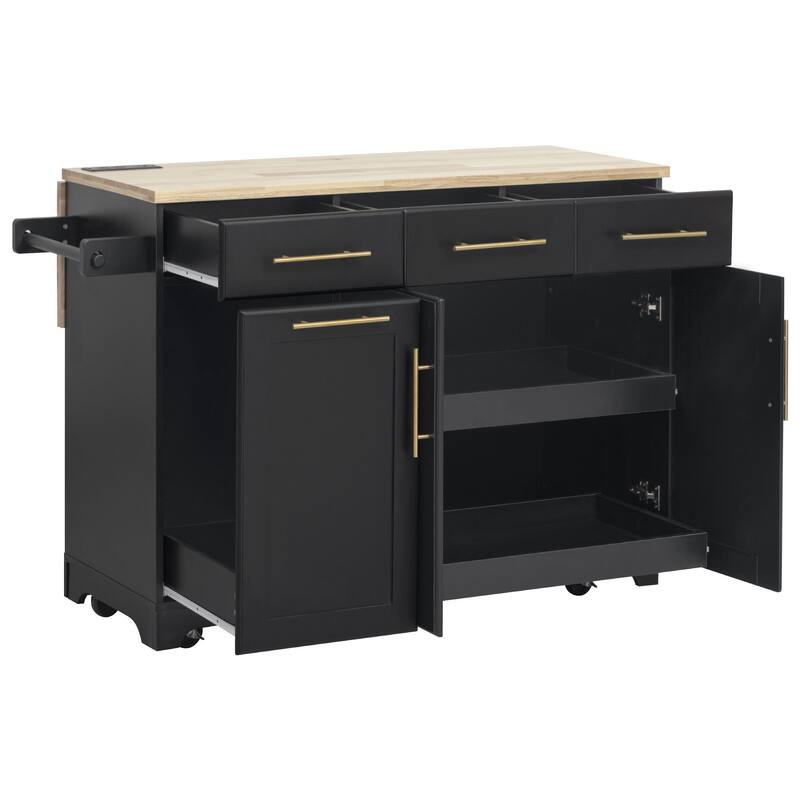 59.3" Rolling Kitchen Island with Storage 2 Pull Out Cabinet Organizers & Rubber Wood Drop Leaf,Trash Can Storage,Power Outlet - Black