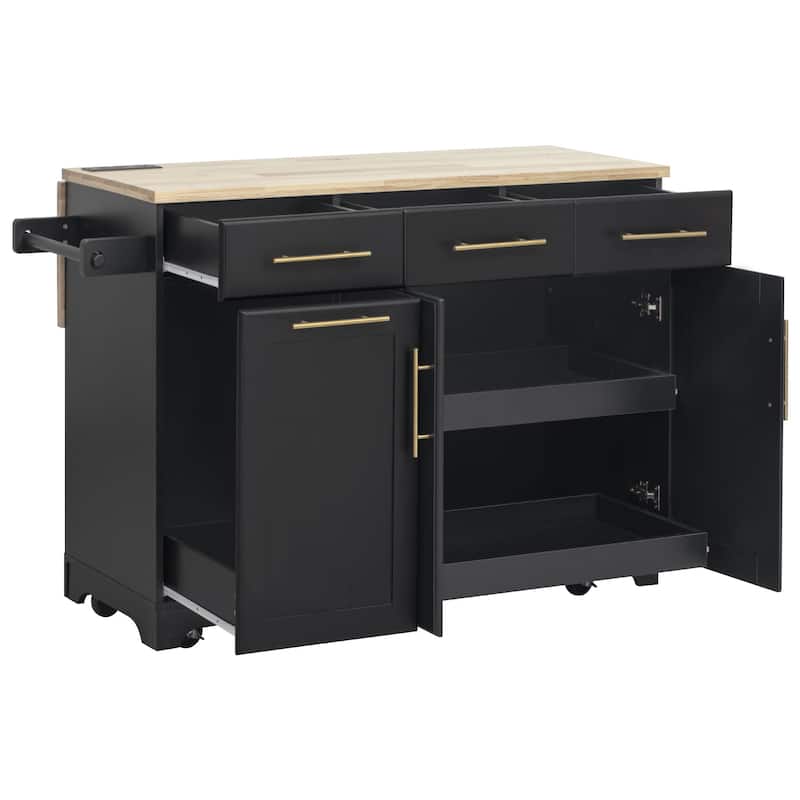 Rolling Kitchen Island Cart with 2 Pull Out Cabinet Organizers, Drop Leaf, Trash Can Storage, Power Outlet, Spice, Towel Rack