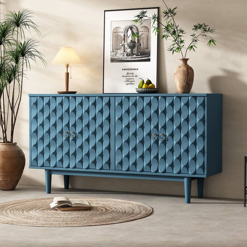 Buffet Cabinet with 4 Convex Pattern Doors, Storage Cabinet with 2 Silver Handle, Sideboard Cabinet with Adjustable Shelves - Navy