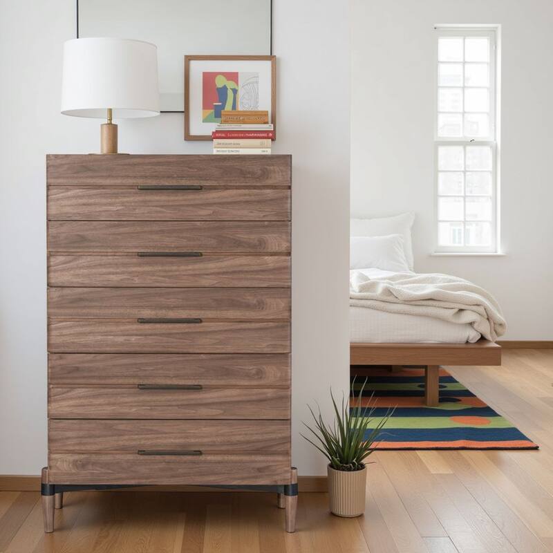 Bridgevine Home Tranquility Five Drawer Chest, No Assembly Required, Walnut Finish - Walnut - 5-drawer