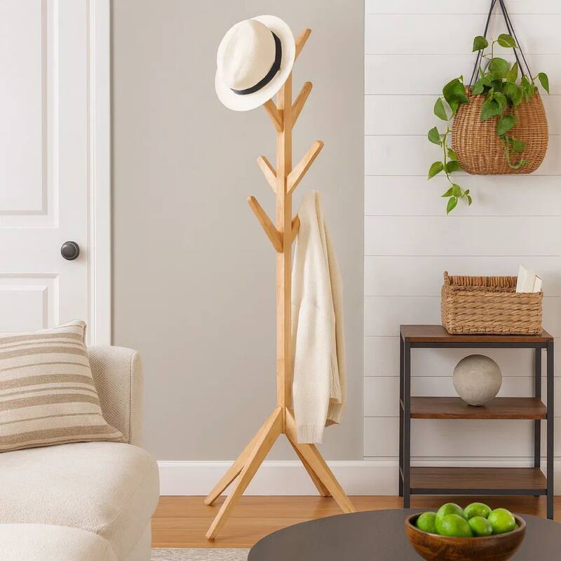 Margo Coat Rack, 8 Hooks, Tree Inspired Design, Oak Brown Solid wood