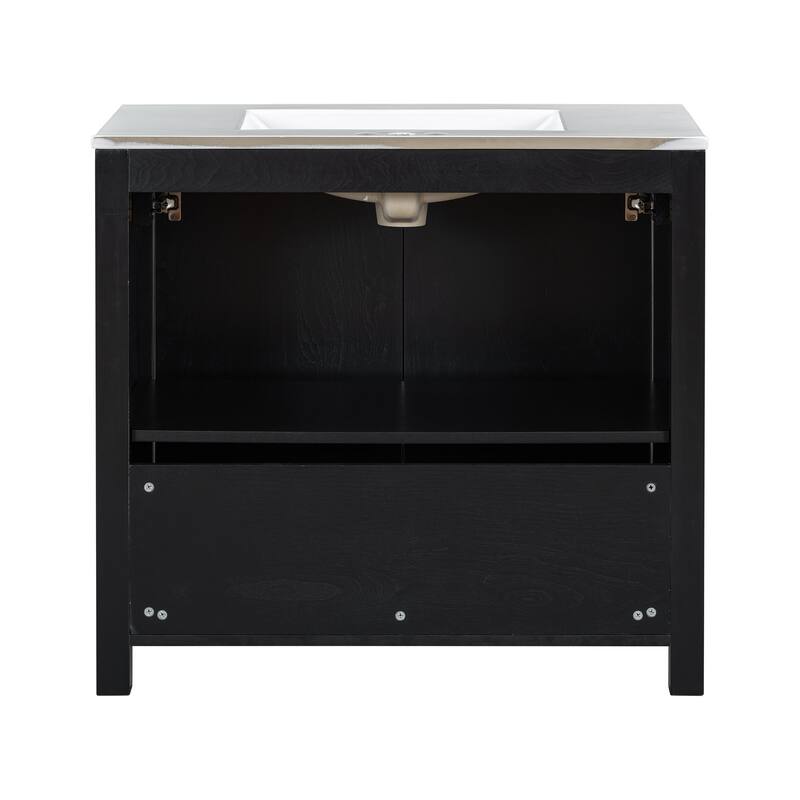 36" Rustic Bathroom Vanity Cabinet with Ceramic Sink -Solid Wood Freestanding Organizer with Soft Close Doors.
