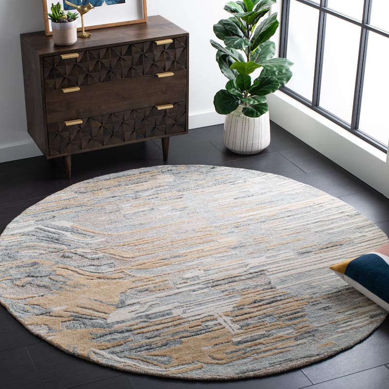 SAFAVIEH Handmade Metro Igballe Modern Abstract Wool Rug - 6' Round - Natural/Gold