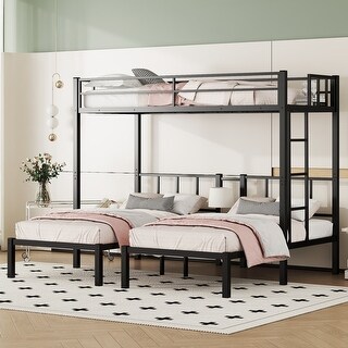 Triple Bunk Bed with Drawers, Metal Frame, Bed Head with Shelving, Twin over Twin & Twin, Black