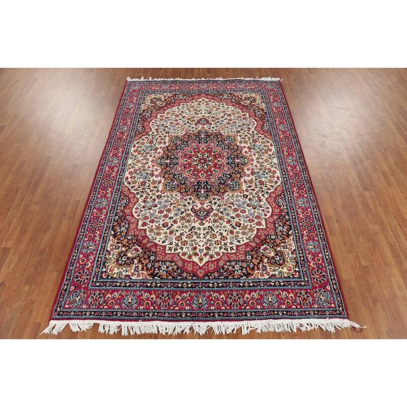 Floral Ivory Mashad Turkish Rug Machine Made Carpet - 6'4" x 9'6"
