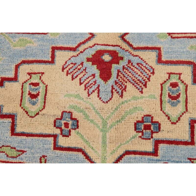 Light Blue Geometric Kazak Rug Hand-Knotted Bedroom Wool Carpet - 4'2" x 5'8"