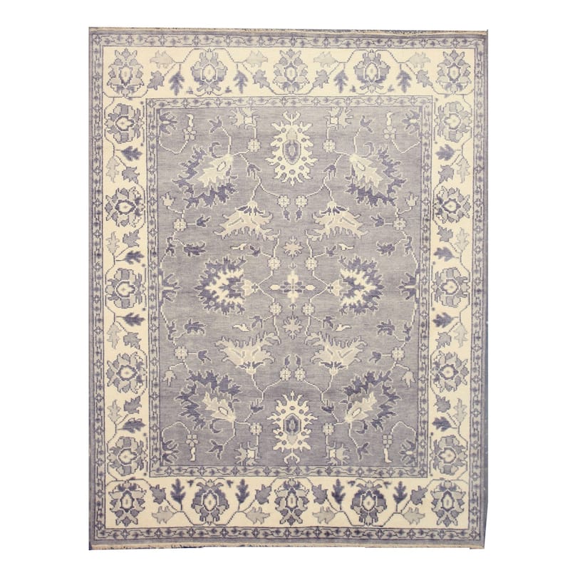 Gray Hand Knotted Wool Traditional Mono Rug, 9' x 12', Soft Ivory & Gray Oushak Pattern for Casual and Formal Spaces - N/A