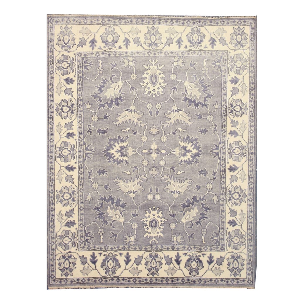 Gray Hand Knotted Wool Traditional Mono Rug, 9' x 12', Soft Ivory & Gray Oushak Pattern for Casual and Formal Spaces - N/A
