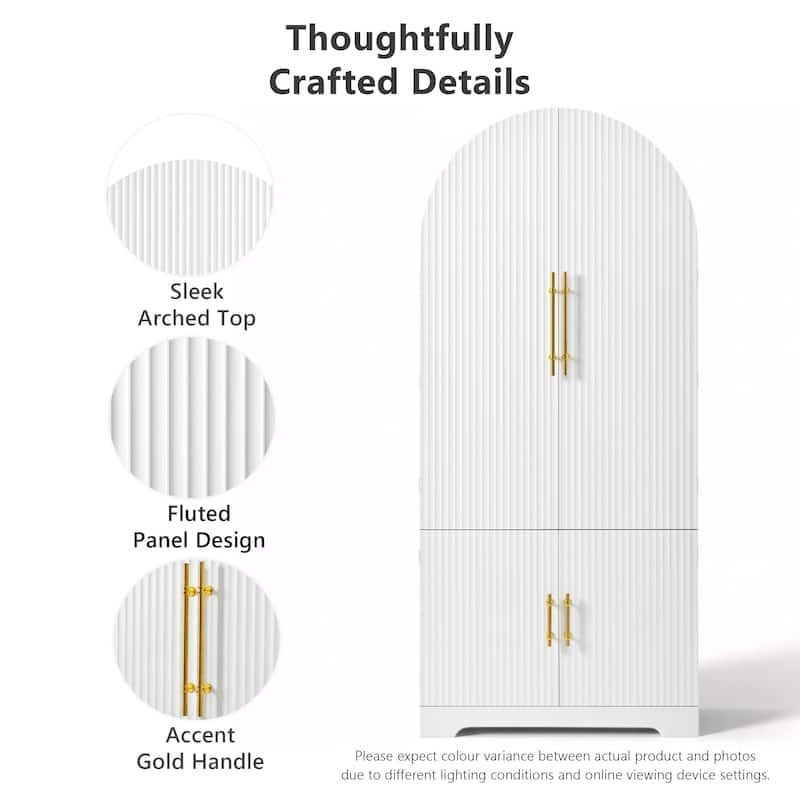72" Tall Arched Kitchen Pantry Cabinet with 8 Door Shelves, Fluted Storage Cabinets with 3 Adjustable Shelves, Hidden Drawer