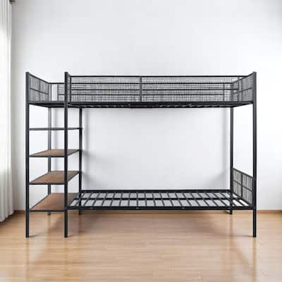 HomeRoots Black Twin Over Full Industrial Metal Bunk Bed With Shelves