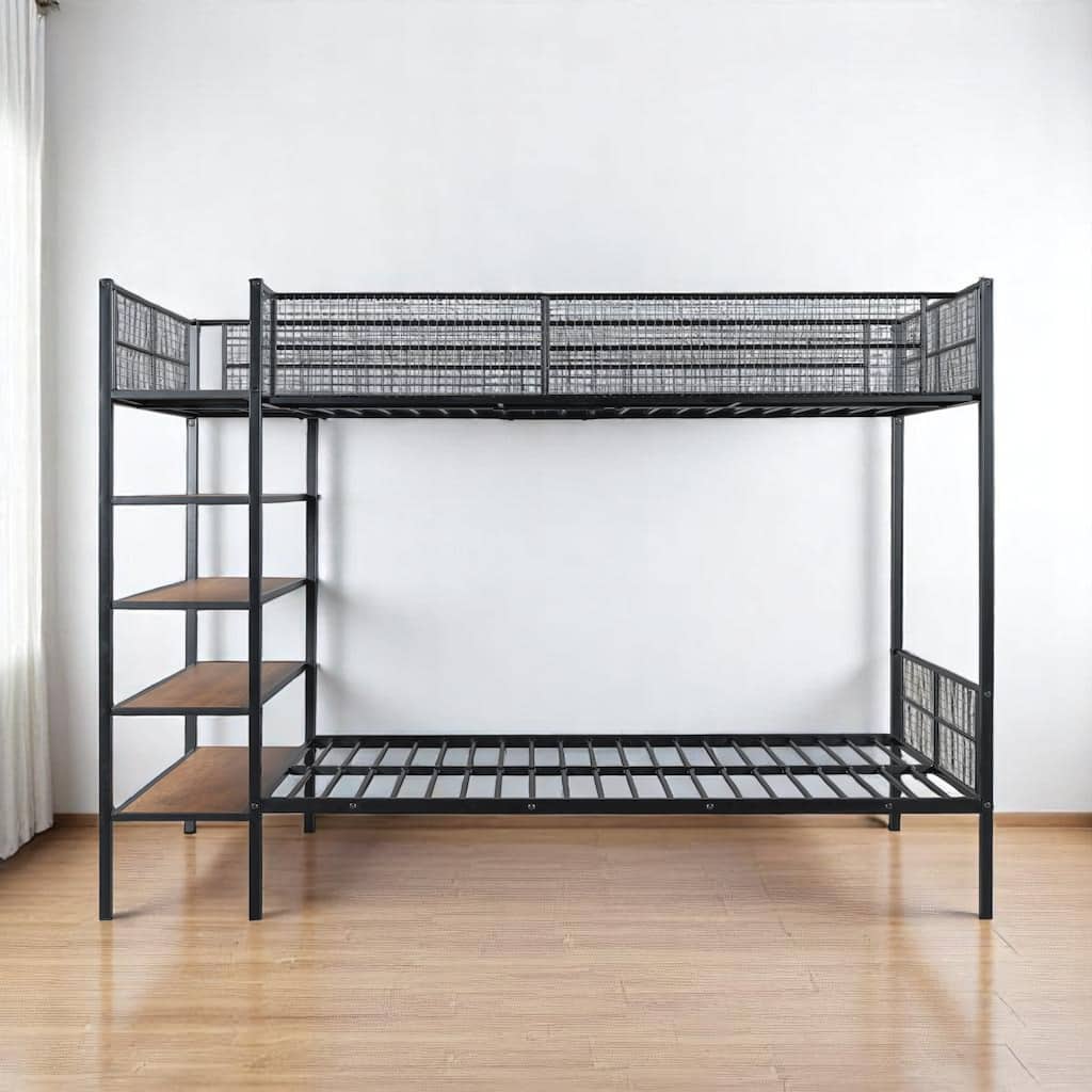 HomeRoots Black Twin Over Full Industrial Metal Bunk Bed With Shelves