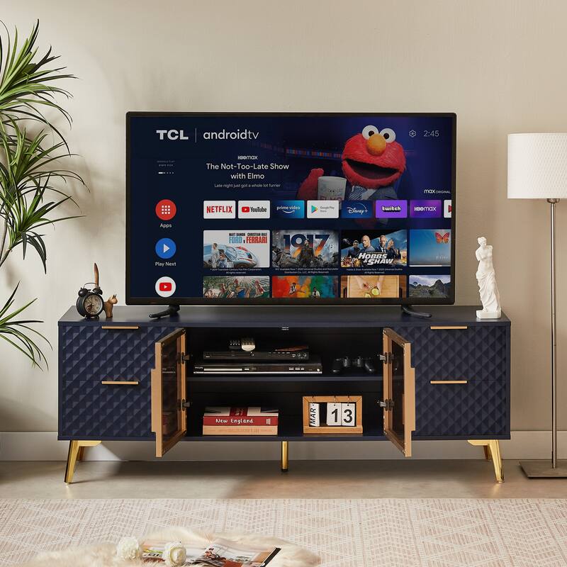 Modern TV Stand, Geometric Design TV Stand with 4 Drawers Aluminum Frame and Tempered Glass Door, for Living Rooms, Dark Blue