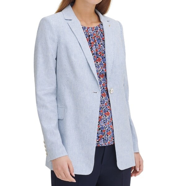 Tommy Hilfiger Womens Blazer Blue 12 Striped Notched-Lapel One-Button. Opens flyout.