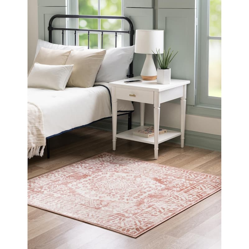 Contemporary Trabzon Collection Area Rug - Pink-Ivory - 4' Square