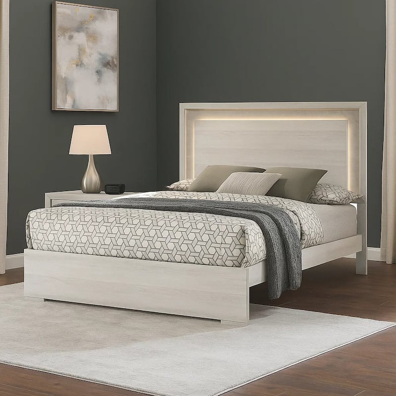 Nomi King Size Bed w LED on Headboard, Antique White Wash Finsih