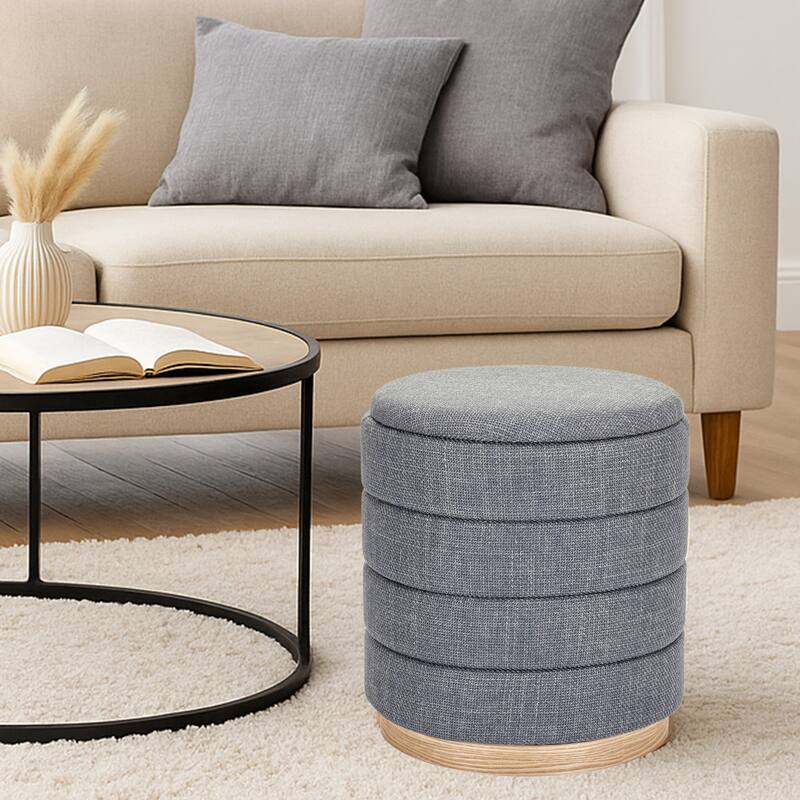 Modern Cylinder Ottoman with Hidden Storage Linen Upholstery Seat