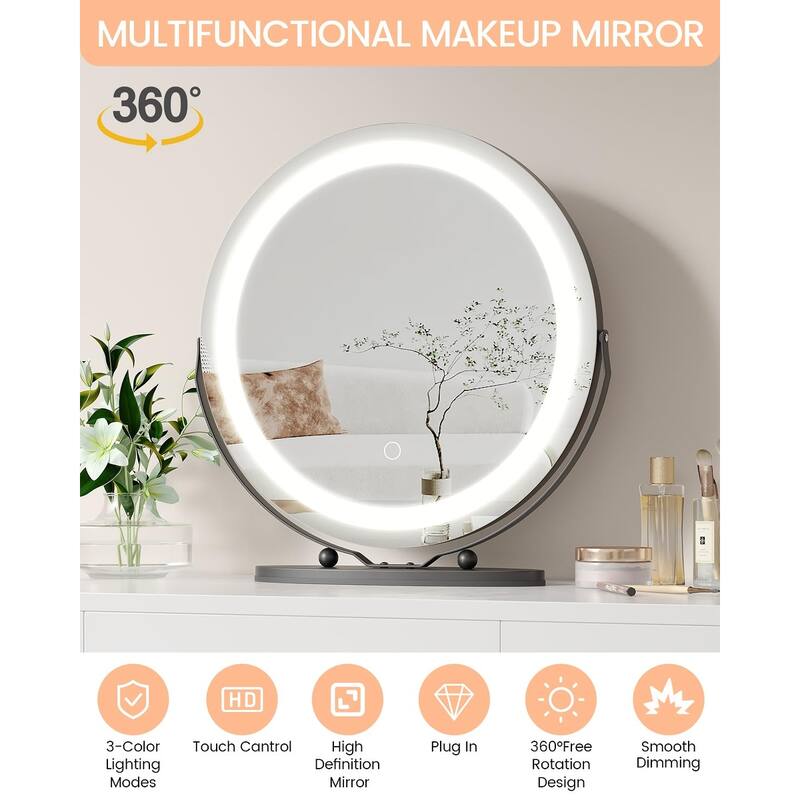 19 Inch Vanity Mirror with Lights, Round Large LED Vanity Mirror with Smart Touch 3 Colors Dimmable, Touch Lighting
