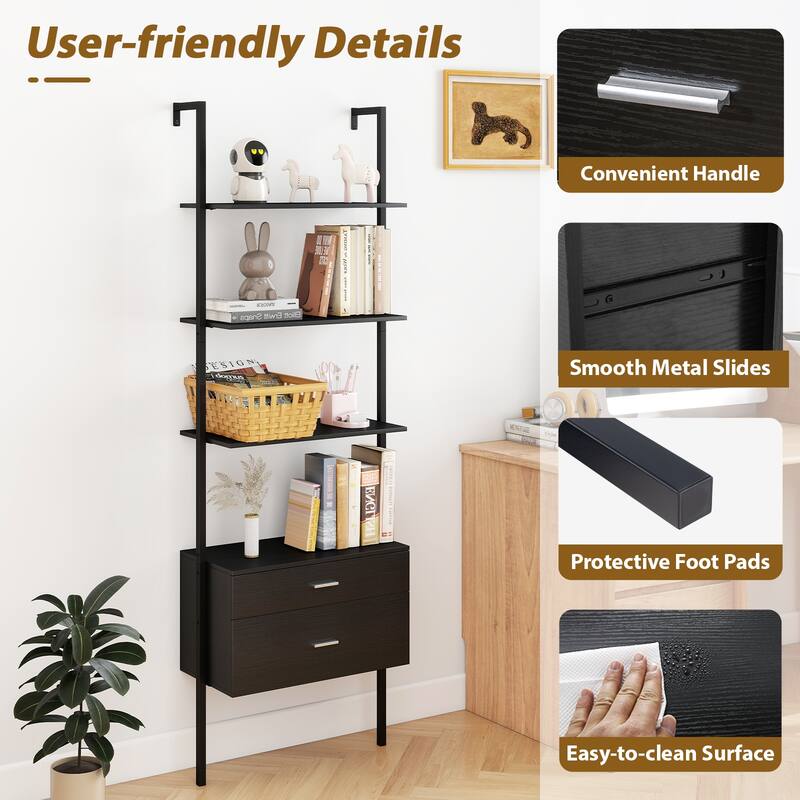 Black Engineered Wood Ladder Bookcase with Metal Frame and Drawers - 23.5" x 12" x 72.5"