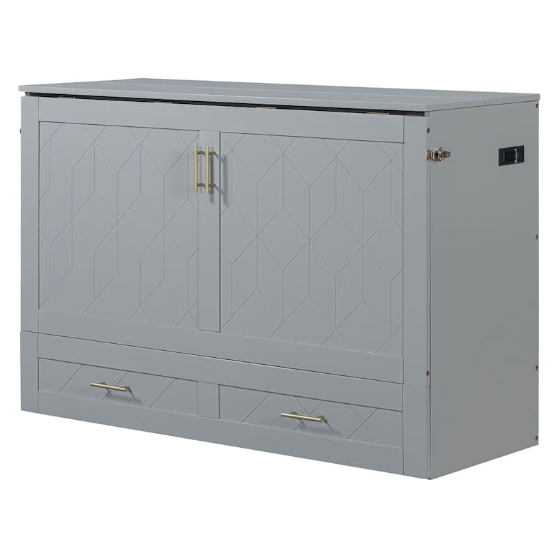 Queen Size Murphy Bed with Pulley System, Storage Drawer, USB Ports, and Sockets, Space-Saving