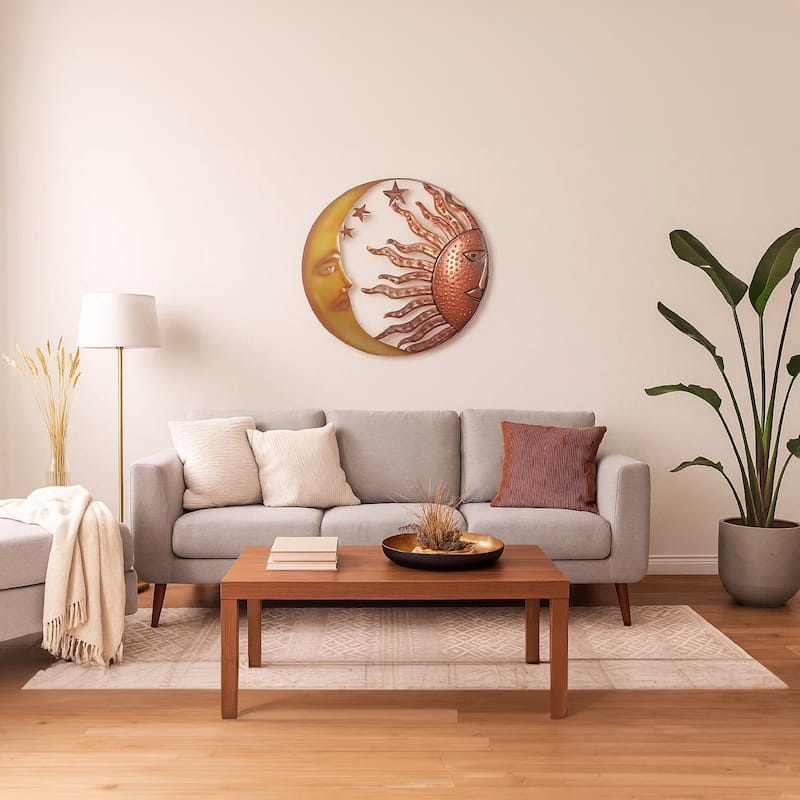21 Inch Handcrafted Sun and Moon Accent Wall Decor, Round Metal Wall Mount, Rustic Gold, Bronze