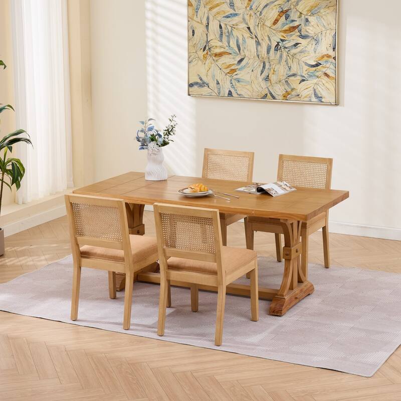 Roomfitters Upholstered Dining Chair Set of 2 with Rattan Back & Wood Legs, Modern Farmhouse Side Chair for Kitchen