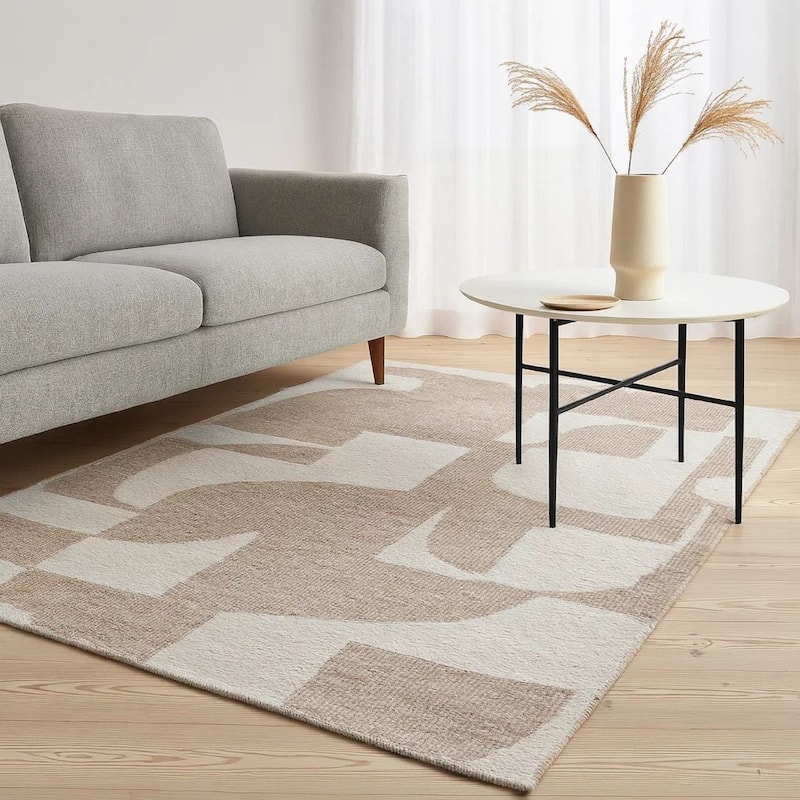 Jimmy 8 x 10 Area Rug, Abstract Pattern Polyester, Cotton Back, Beige Brown - 8 x 10