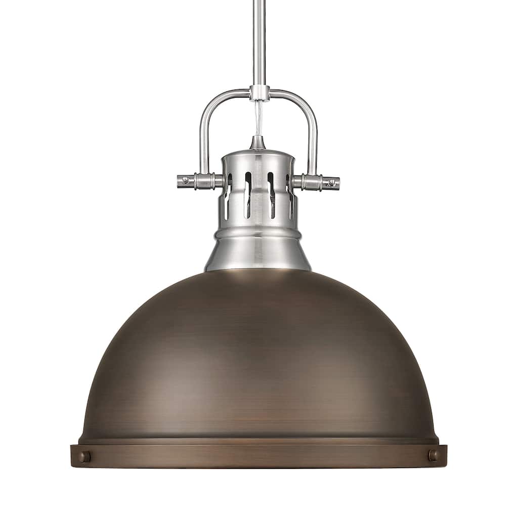 Yep by Golden Lighting Duncan 1-light 14in Rod Hung Pendant in Pewter and Rubbed Bronze shade