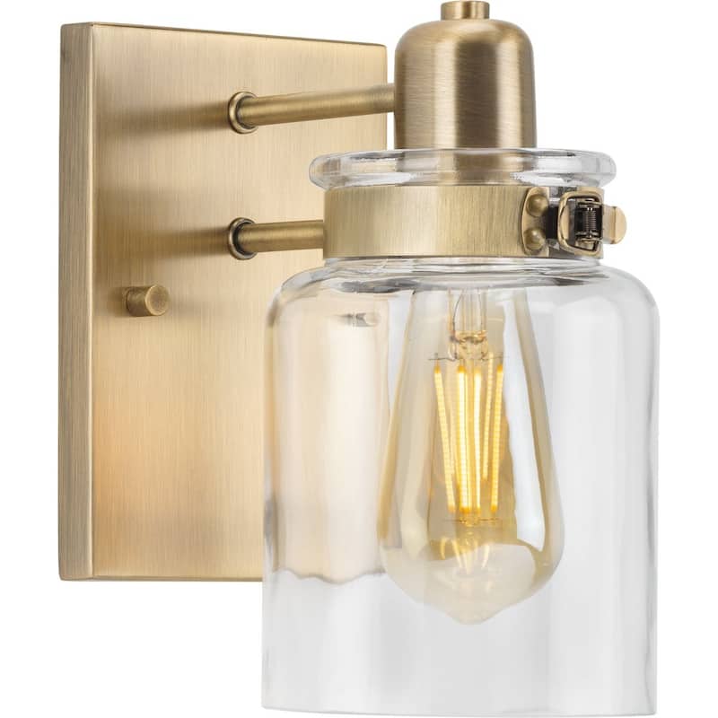 Calhoun Collection One-Light Vintage Brass Clear Glass Farmhouse Bath Vanity Light - 5 in x 6.875 in x 8.625 in