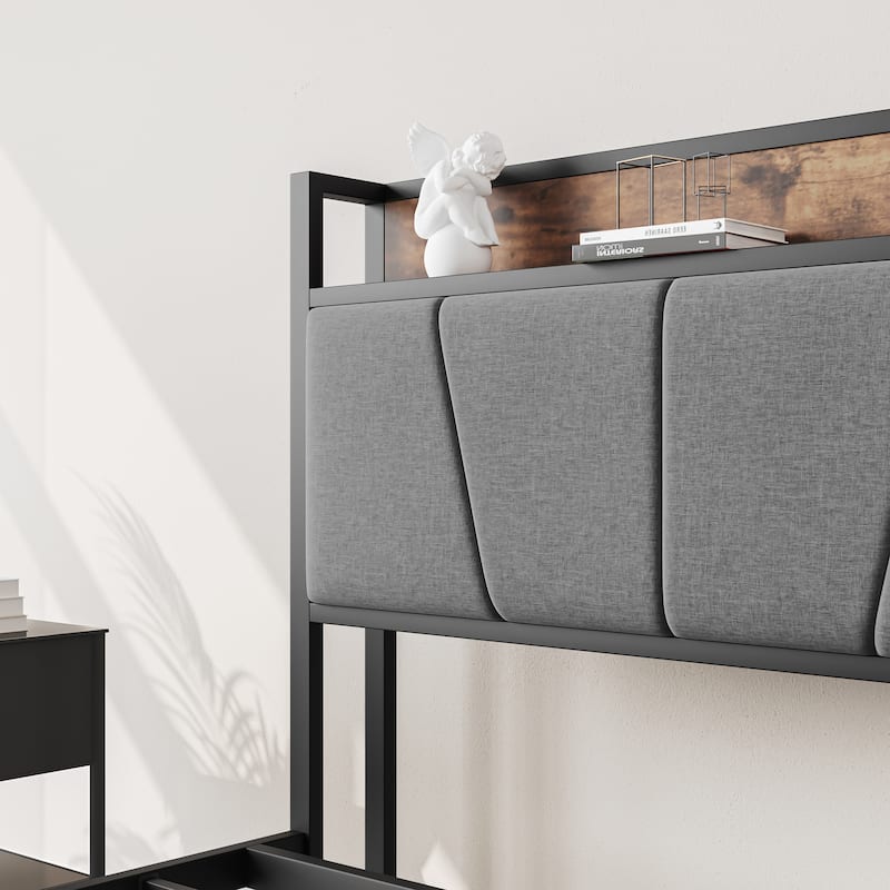 Brown Metal & Wood Full Size Platform Bed Frame with Storage Headboard and Charging Station, Solid and Stable, Noise-Free