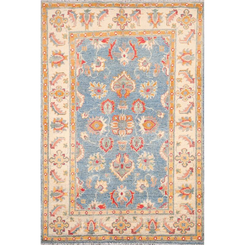 Blue Kazak Oriental Accent Rug Handmade Floral Wool Carpet - 3'3" x 4'11"