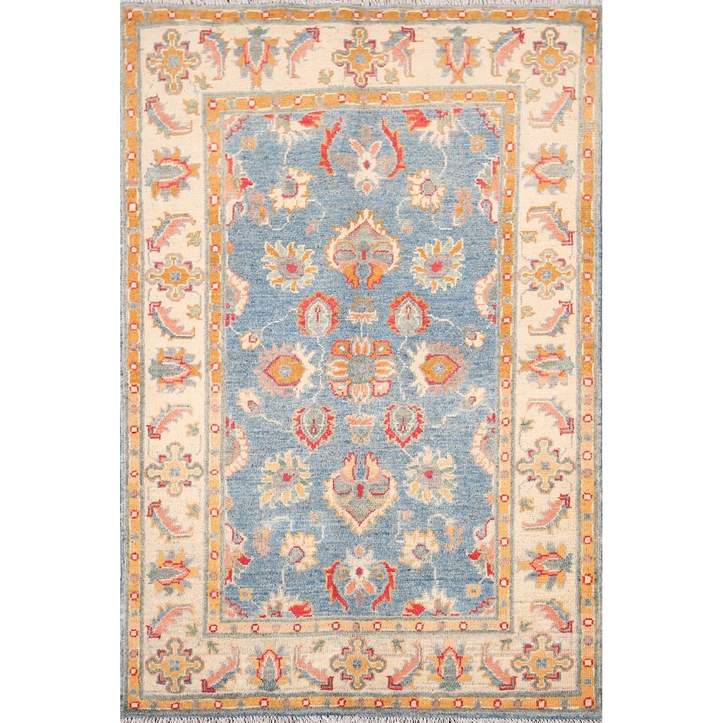 Blue Kazak Oriental Accent Rug Handmade Floral Wool Carpet - 3'3" x 4'11"