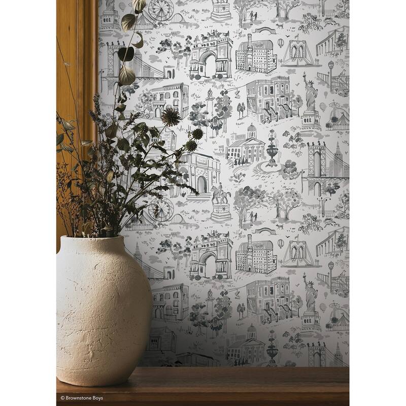 NuWallpaper Brownstone Boys Toile de New York Graphite Peel and Stick Wallpaper - N/A